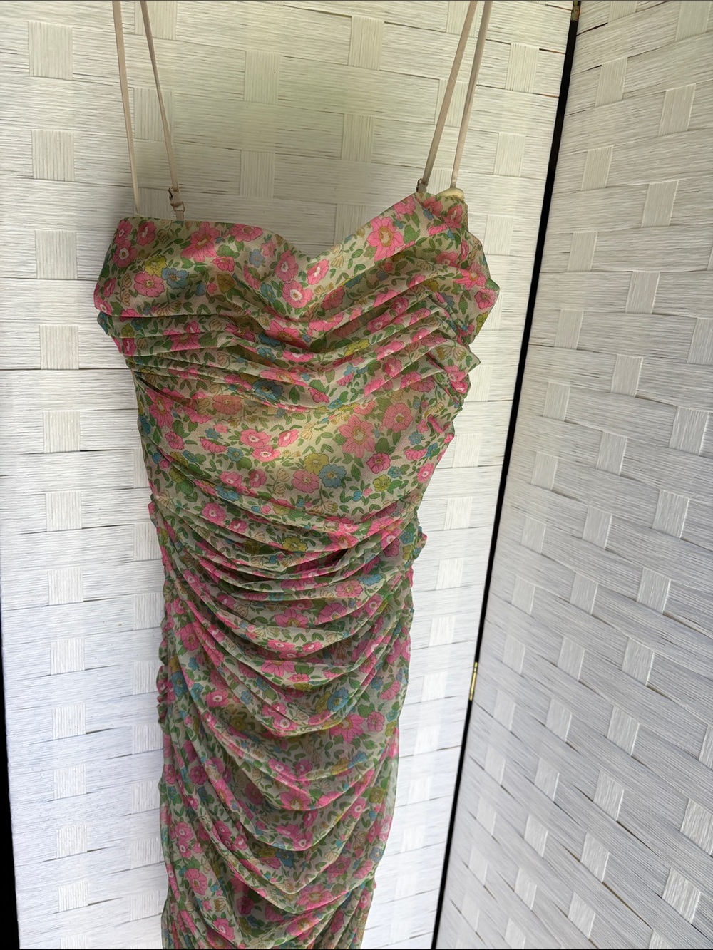 House of CB Green Floral Ruched Midi Dress with Pink Accents (Ella dress) - Picture 5 of 7